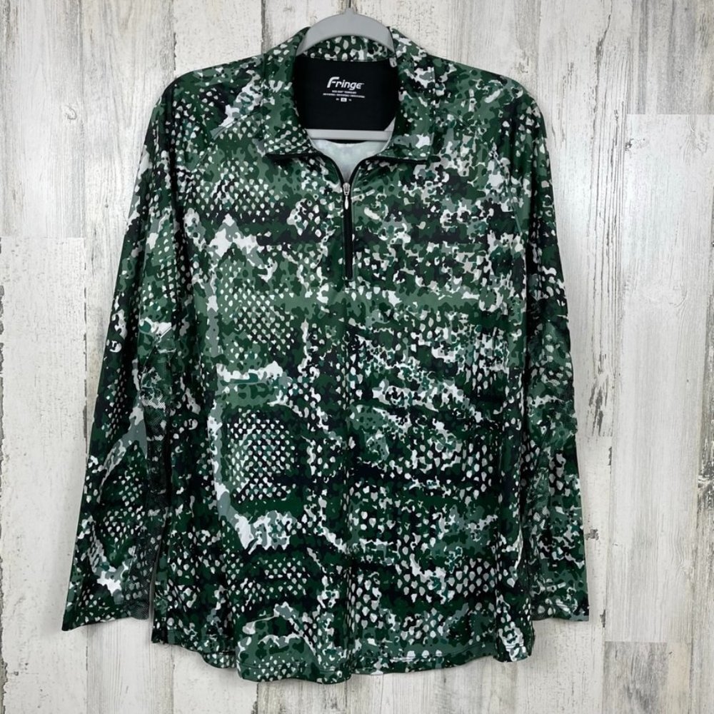 Fringe 1/4 zip pullover wick away technology activewear camo print cycling green